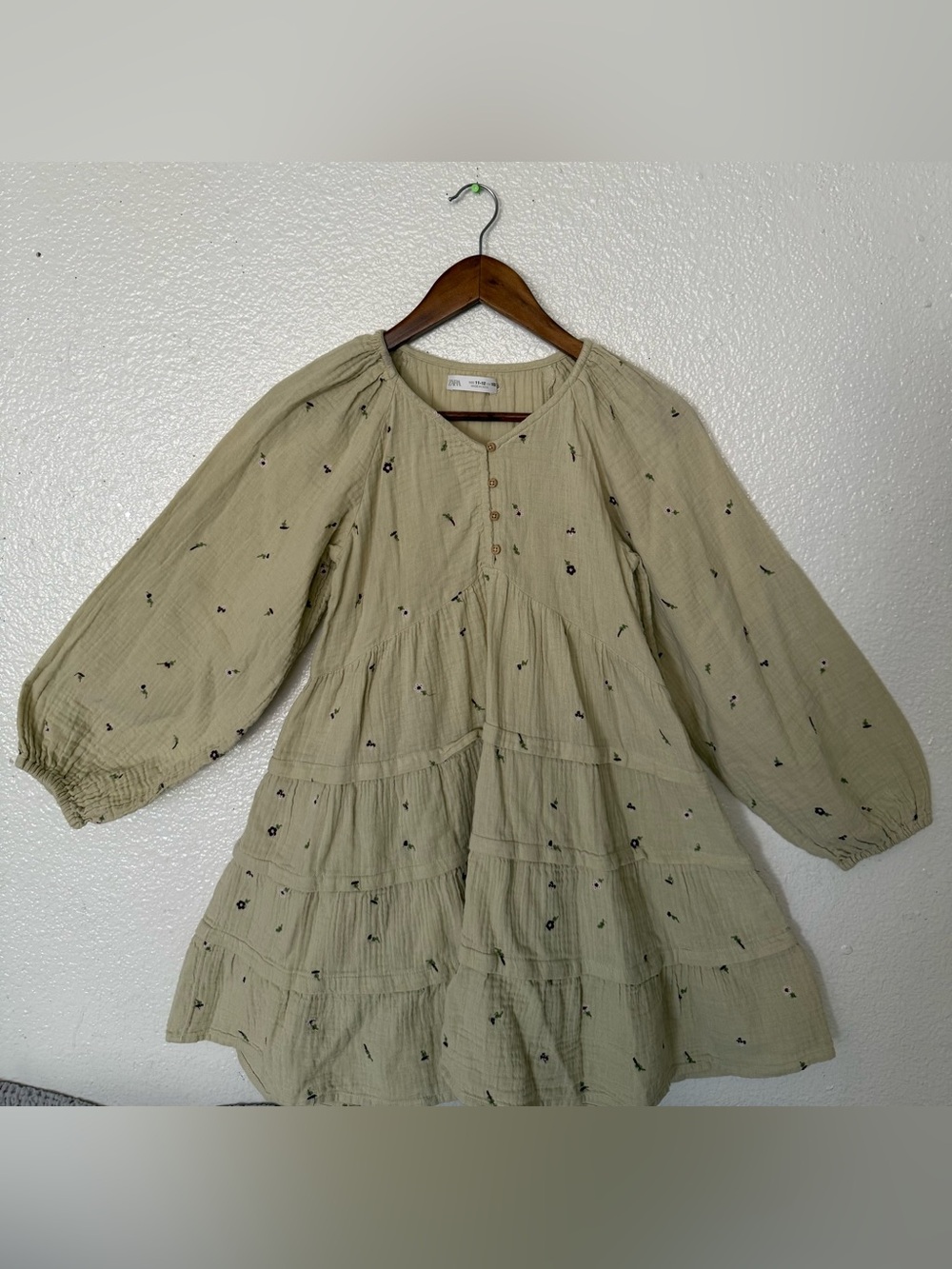 Zara Sage Green Tiered Dress with Tiny Floral Embroidery size 12 girls